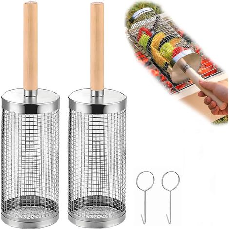 Panier à griller à roulettes (lot de 2) Acier inoxydable, poignée en bois amovible, accessoire barbecue pour légumes et fumoir, pour grillades et camping (1/5)