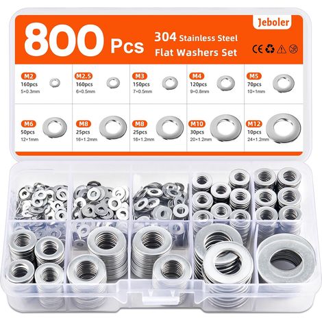 Unterlegscheiben Set, 800 Stück Kleine Unterlegscheiben Edelstahl A2 V2A Flach Beilagscheiben Sortiment für Schrauben, Mutter, Unterlegscheibe für M2 M2,5 M3 M4 M5 M6 M8 M10 M12-9 Größen (1/5)
