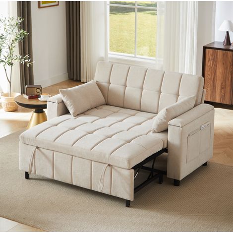 Divano letto 3 in 1 in ciniglia beige, 2 posti, con contenitori nei braccioli (1/5)