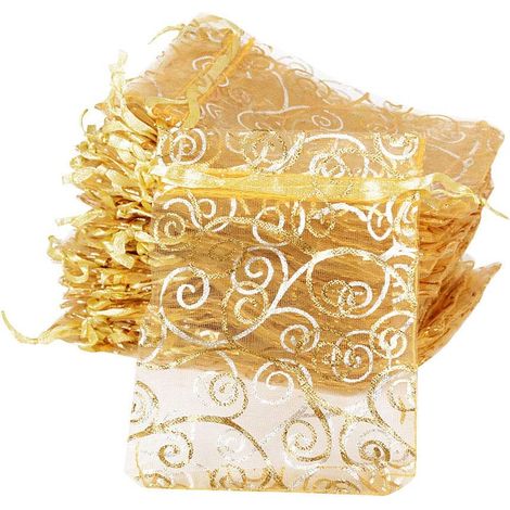 (8 x 11 cm Lot de 100 sachets en organza à remplir pour mariage, Noël, baptême, lavande, sacs cadeaux en organza (motif doré) (1/5)
