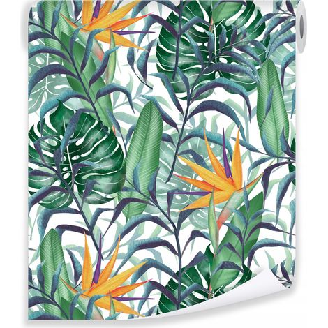 Papier peint feuilles tropicales multicolore motif floral déco murale salon chambre – rouleau 0,5 x 10 m intissé Wallarena