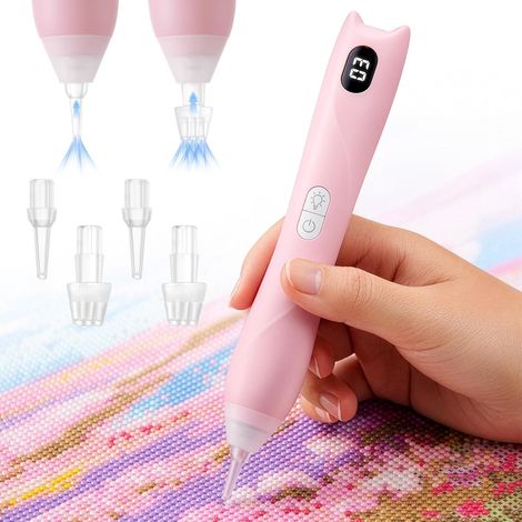Stylo Diamond Painting Électrique LED, Aspiration Réglable - Rose Stylo Diamond Painting intelligent avec aspiration réglable, écran LED et design sans fil confortable. (1/5)