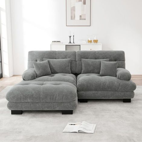 Canapé d'angle - Cloud - 220x145x81 cm - Chenille gris - Modulable avec ottomane (1/5)
