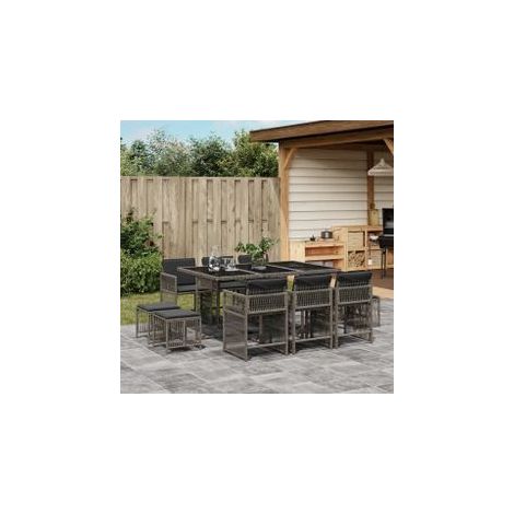 Ensemble à manger de jardin 11pcs avec coussins gris poly rotin (1/5)