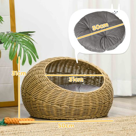 Katzenhöhle mit waschbarem Kissen, für Tiere bis 4 kg, Indoor, Kunst-Rattan, Ø50 x 31 cm, Hellbraun (1/5)