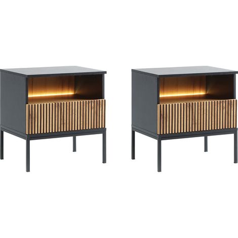 Comodino con 1 cassetto e 1 nicchia Con LED Nero e naturale - Lotto di 2 - OVILA