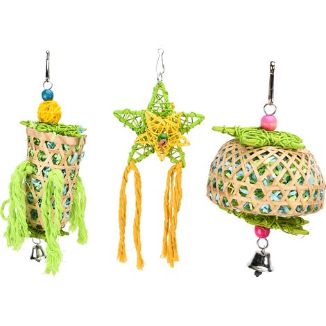 Juego de 3 juguetes masticables: Pájaro, Natural, Ratán, Campana, Loro, Periquito, Jaula (1/5)