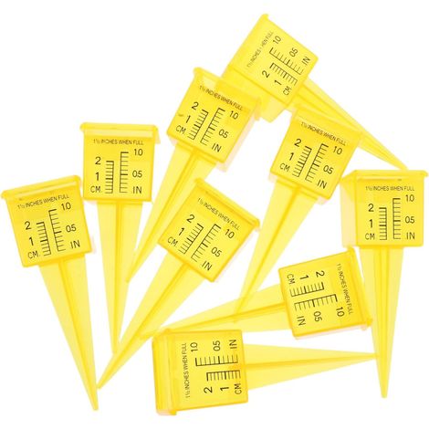 Lot de 9 pluviomètres de jardin en plastique jaune de 3,8 cm (1,5 pouce), faciles à lire, pour le jardin et la recherche météorologique. (1/5)