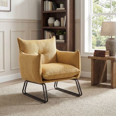 Wahson Fauteuil Salon Scandinave Pieds Robuste, Fauteuil d'Appoint en Chenille Confortable avec Coussin Rembourré Chaise de Chambre pour Lecture, Jaune