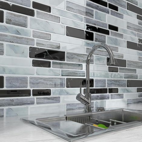 18 Pièces Credence Adhesive pour Cuisine Gris Blanc Noir Carrelage Adhesif Mural Salle de Bain Marbre 30.5cm x 30.5cm Carreaux Autocollant Mural Imperméable Stickers Carrelage 3D Décoratif (1/5)