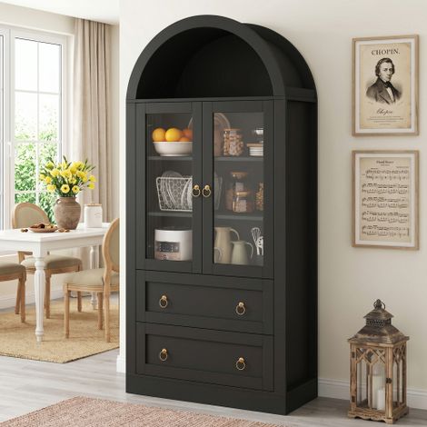Grande armoire de rangement en arc (80 × 36 × 170 cm) avec tiroirs et portes, pour la cuisine et le salon, portes vitrées, noire (1/5)