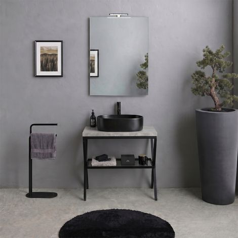 Cavalletto Bagno Nero Con Mensola Vetro 60Cm, Top Beton, Specchio 60X80 E Lampada Manchester (1/5)