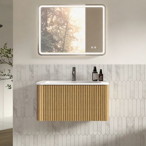 Mueble de baño suspendido 80 cm con lavabo y espejo LED, color roble, premontado HAVRYA (1/5)