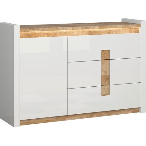 Buffet 1 porte 3 tiroirs avec LED Helios Blanc laqué et Bois (1/3)