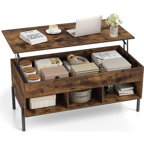 Table basse relevable marron rustique en bois avec plateau ajustable, compartiment caché et 3 niches ouvertes pour salon et bureau (1/5)