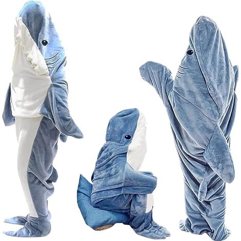 Cómoda manta de franela con estampado de tiburón y capucha suave, saco de dormir portátil y cálido, L-210CM para hombres adultos, manta decorativa (1/5)