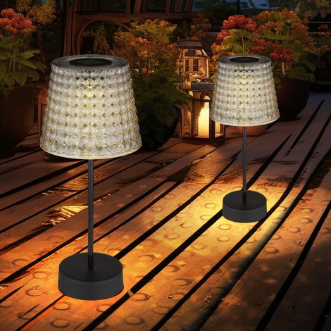 Lampada da esterno a luce solare lampada da tavolo Lampada da giardino a LED in cristallo chiaro color fumo. Plastica nera, batteria IP44, 3000K bianco caldo, set da 2, H 29 cm
