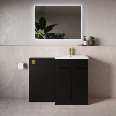 Napoli 390 Matt Black 1100mm 2 Door Vanity Unit Toilet Suite with Glide Basin - 1100mm - Brushed Brass 160mm HandleWithout Kingston Toilet Pan