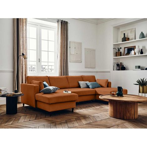 Anna – wohnlandschaft u-form – 7-sitzer – mit schlaffunktion und bettkasten – aus samt - rostfarben