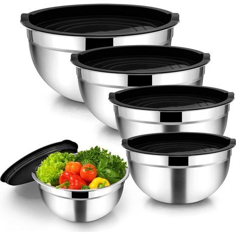Bol, 5 Pièces Noir En Acier Inoxydable Saladier Set Avec Couvercle Pour La Cuisine, Empilable, Polyvalent, Lavable Au Lave-Vaisselle, 4.5 L / 2.7 L / 1.5 L / 1.2 L / 0,7 L (1/5)