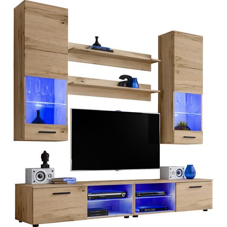 Extreme Furniture, Système mural Vida, (LxHxP): 200 x 195 x 45, Carcasse en Wotan Mat, Façades en Wotan Mat, LED Multicolores avec télécommande (1/5)