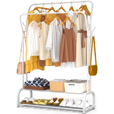 VOUNOT® Perchero Burro Ropa Doble, Organizador de Ropa Metálico con 2 Estantes Inferiores y Ganchos Laterales, 110x35x146cm Blanco