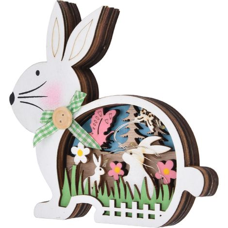 Lapin de Pâques en bois de buis naturel avec lumières LED, décoration de Pâques, lumière chaude (1/5)