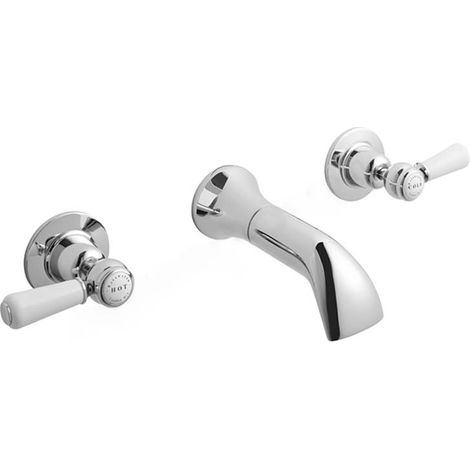 Bayswater Lever Dome Collar 3 Hole Basin Mixer Tap Wall Mounted - White/Chrome (1/2)
