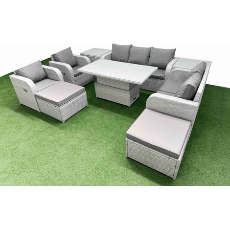 Fimous PE Rattan Garden Furniture Set Reclining Chair Sofa Double Love Seat 2 Seater Sofa Lounge Set Adjustable Lifting Dining or Coffee Table 2 Big Footstool 2 Side Table Light Grey (1/5)