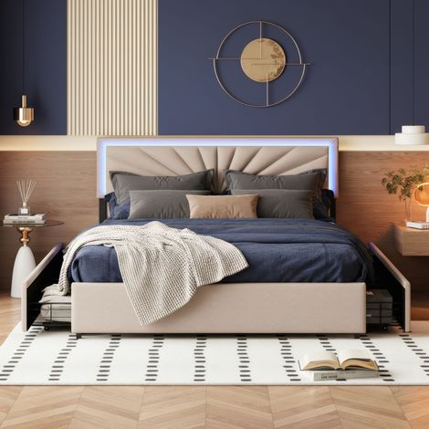 Letto matrimoniale 160x200 con 4 cassetti, letto per adulti trapuntato in tessuto di lino, testiera regolabile con illuminazione LED, struttura letto in metallo e legno, design moderno, Beige