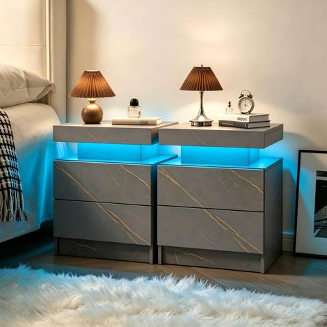 Comodino LED 58x41.5x36 cm, luci multicolore regolabili, 2 cassetti, pannello truciolare, grigio oro (1/5)
