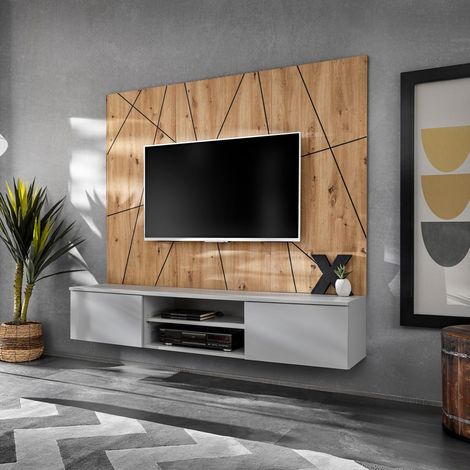 Paris Prix – Ensemble meuble TV design 160cm – MDF finition mate – Naturel et gris perle – Meuble à rabats avec panneau mural imprimé (1/5)