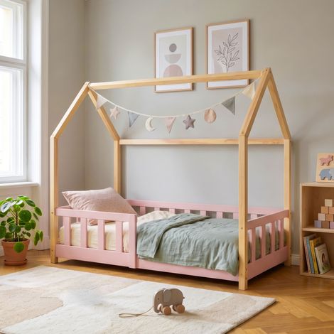 Hausbett Hesel mit Rausfallschutz 70x140 cm Rosa/Natur [en.casa] (1/5)