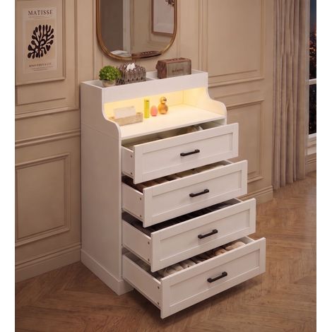 Commode 4 tiroirs, 73x39.5x114cm, Chiffonnier scandinave avec LED RGB et 2 compartiments ouverts, Meuble de dispositif anti-basculement, Blanc (1/5)