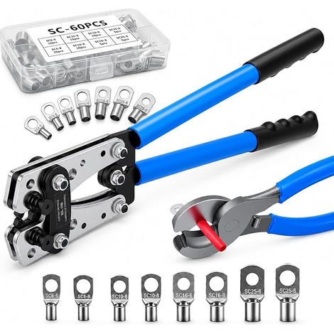 Ensemble de pinces à sertir pour cosses de câble 6-50 mm² avec 60 cosses à anneau en cuivre, pour câble de batterie, embouts et raccords de câbles, pince à sertir hexagonale avec (1/5)