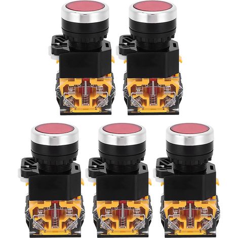 Cinq interrupteurs à bouton rouge autobloquants de 22 mm, 37 V - 440 V, sans voyant, en plastique, de forme ronde. (1/5)