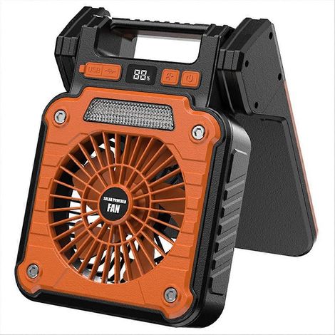 20.000 mAh Solar-Ventilator mit LED-Beleuchtung für Zelte, Auto-Campinghaken und USB- sowie Solarladefunktion zum Wandern und Angeln (Orange). (1/5)