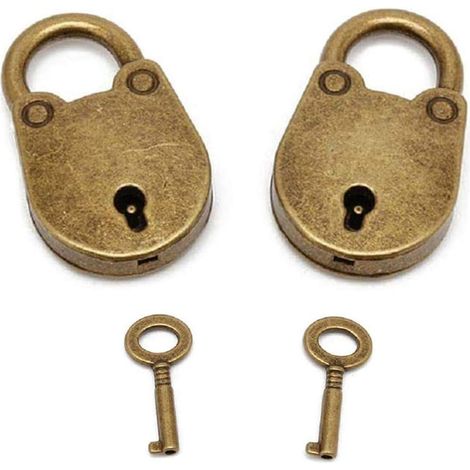 Lot de 2 cadenas mini vintage rétro avec clé, bronze ancien, style armoire, porte-clés ourson, serrure décorative ancienne (1/5)