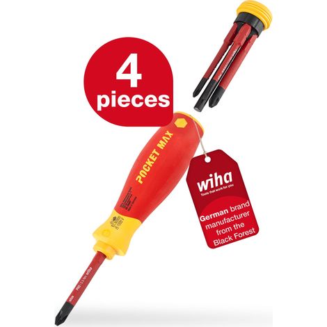 Wiha screwdriver set mixed PocketMax electric 4 pcs. with stowable bit set (45296) I screwdriver set with bit magazine of slimBits for electricians I slotted / Phillips / PlusMinus