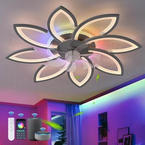 Fleurs Luminaire Ventilateur RGB, Ceiling Light with Fan Couleur Variable, Réversible 6 Vitesses Dimmable Pour Chambre Salon, Noir (1/5)