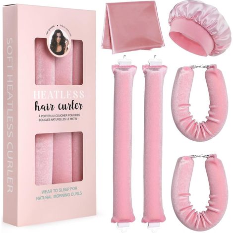 Bigoudis sans Chaleur, 6 Bandeaux à Boucler sans Chaleur avec Foulard en Satin et Bonnet de Douche, Bigoudis doux et Confortables pour des Boucles de Nuit Rose (1/5)