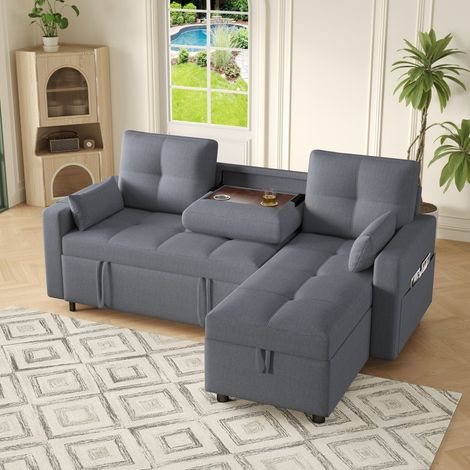 Sofá cama esquinero 211/136/87 cm gris de lino con almacenaje, módulo reversible y cama extraíble (1/4)