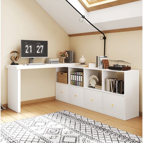 Escritorio en L giratorio 360° (120x48x78 cm y 140x35x74 cm), convertible, con 8 compartimentos, MDF, blanco (1/5)