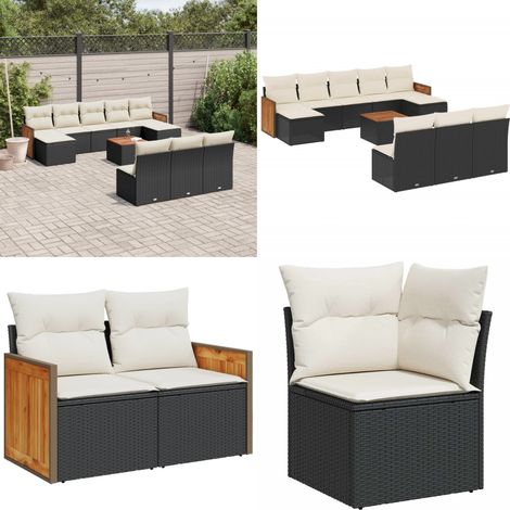 Set de sofás de jardín 11 pzas y cojines ratán sintético negro - Cojines de jardín - Muebles de exterior