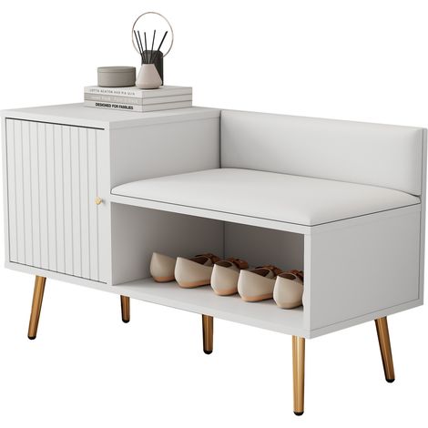 Scarpiera panca con seduta imbottita e schienale, bianca e oro, in pannello truciolare con gambe in metallo, 100 x 38 x 58 cm - CHICFURN (1/5)