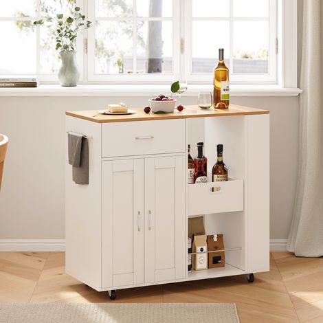 Isola da cucina mobile con ruote, carrello da cucina, con piano di lavoro in legno, cassetto, armadio, mensole per spezie removibili, carrello da cucina con spazio di stoccaggio - Bianco