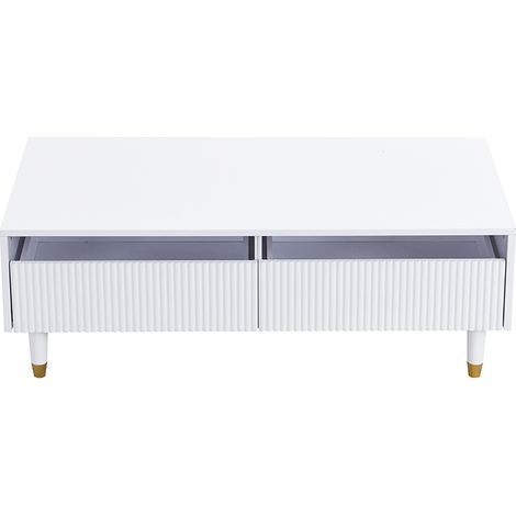Mesa de centro LED moderna de MDF blanca con 2 cajones 110 x 50 x 40 cm (1/5)