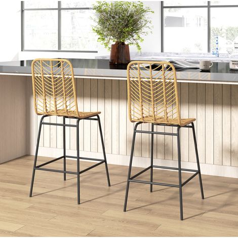 Taburete de bar con respaldo, 2 unidades, PE-rattan, 42,5 x 52 x 102 cm, amarillo y negro HAVRYA (1/4)