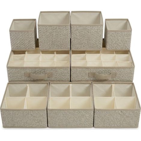 Set 9 Organizer per Cassetti e Armadio in Tessuto Traspirante Beige Scatole Salvaspazio con Scomparti Rigidi per Biancheria e Bagno Kit Completo Multimisura in TNT Antipolvere ordine in casa storage