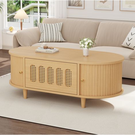 Table basse fixe 100x50x40 cm en MDF couleur bois naturel, avec rangement pour salon FloraGrace (1/5)